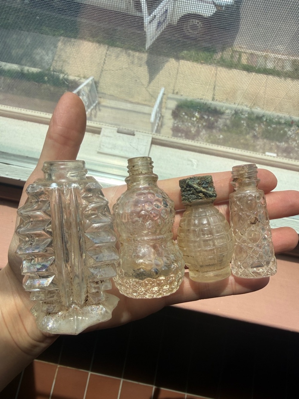 Antique Clear Glass Mini Bottles Art deco textured embossed vintage patterns